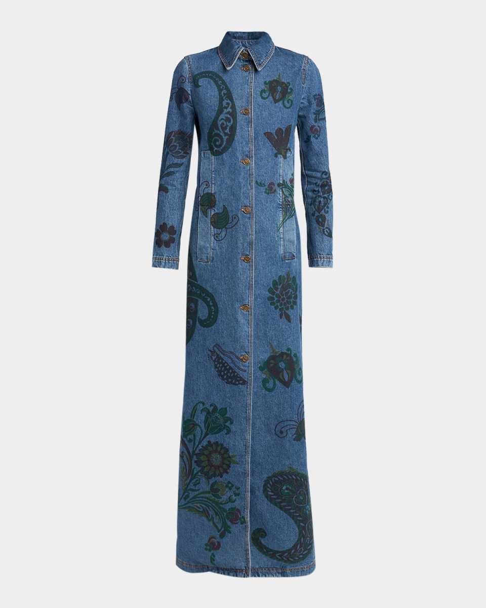 Flower and Bee Printed Denim Maxi Trench Coat